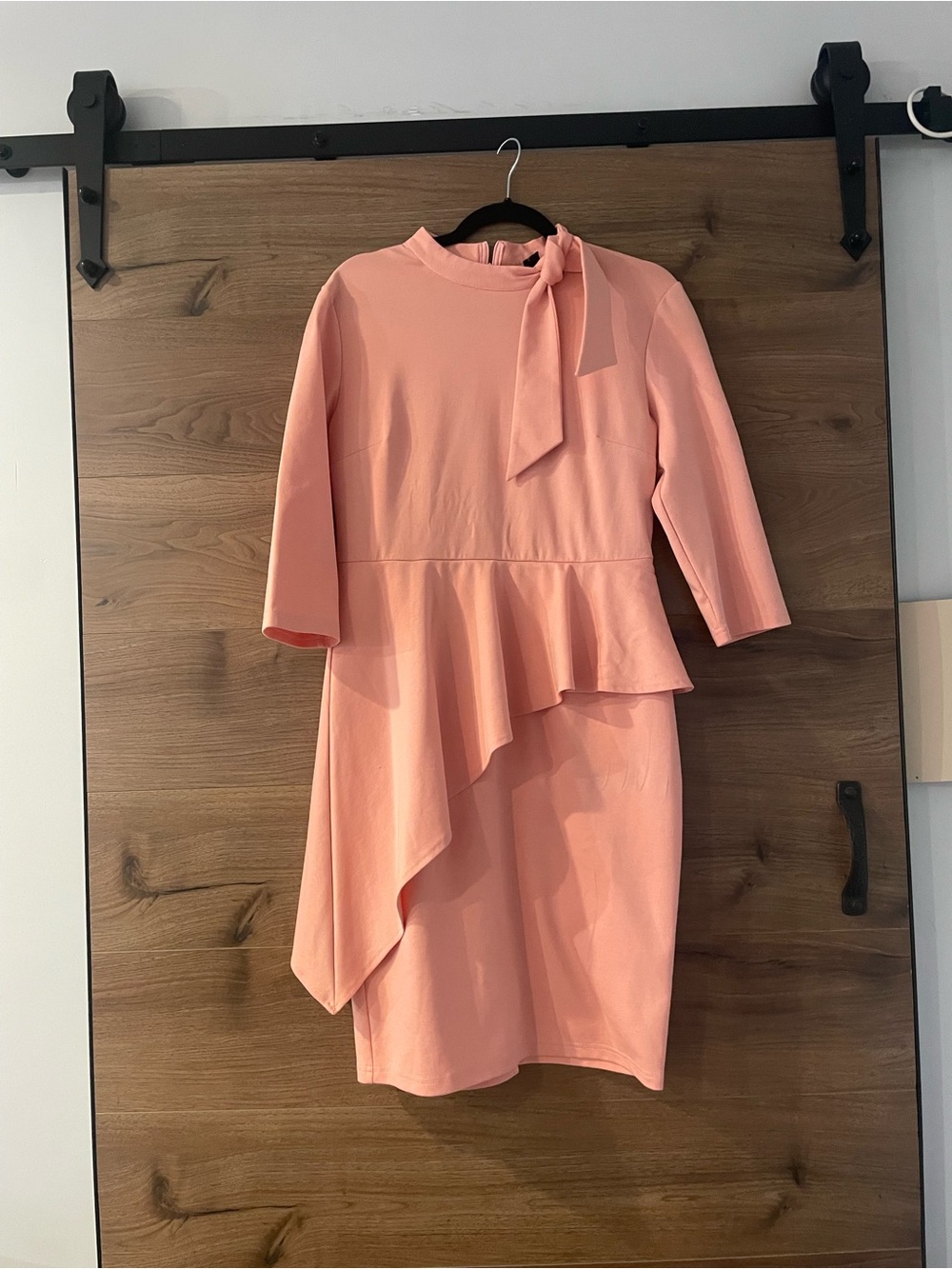 Asymmetrical Peach Tie-Neck Peplum Dress